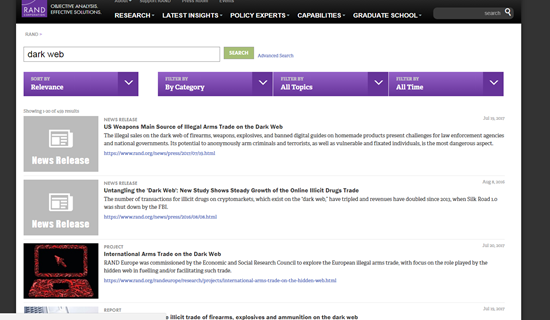 兰德公司涉及暗网的研究文章数量惊人。（网络截图）