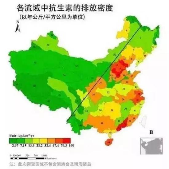 中国在抗生素的使用上，可划分成明显的东部和西部两个部分，东部的抗生素排放量强度是西部的6倍以上。